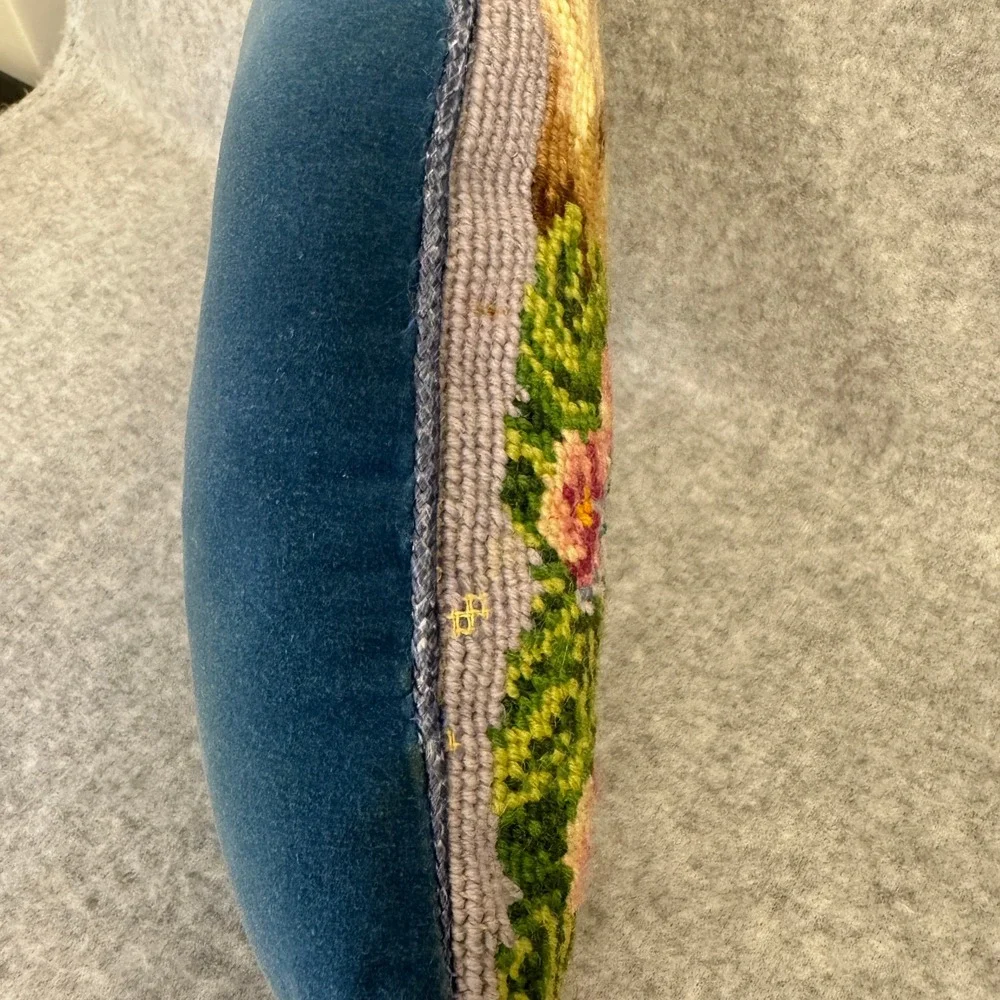 Lillian Vernon Vintage Wool Needlepoint Easter Bunny Rabbit Pillow Blue Velvet